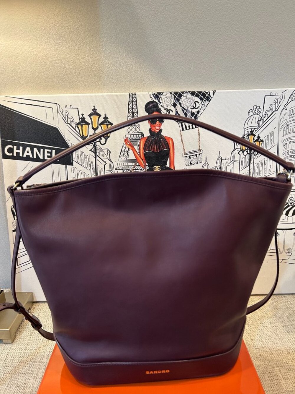 Sandro Bordeaux Leather Bucket Bag Tangoso